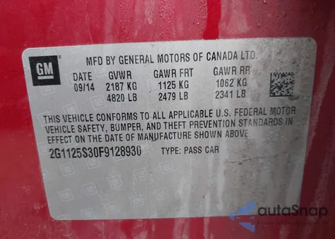 2015 Chevrolet Impala 2Lt from USA, damaged, VIN 2G1125S30F9128930